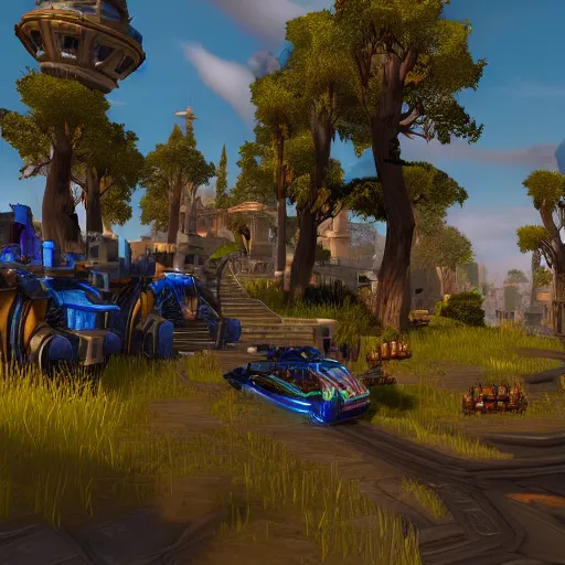 Prompt: World of Warcraft Stormwind with futuristic cars from (Cyberpunk 2077) in (World of Warcraft), atmospheric, high energy, electric, bristling, highly detailed, 8K, 4K, UE5