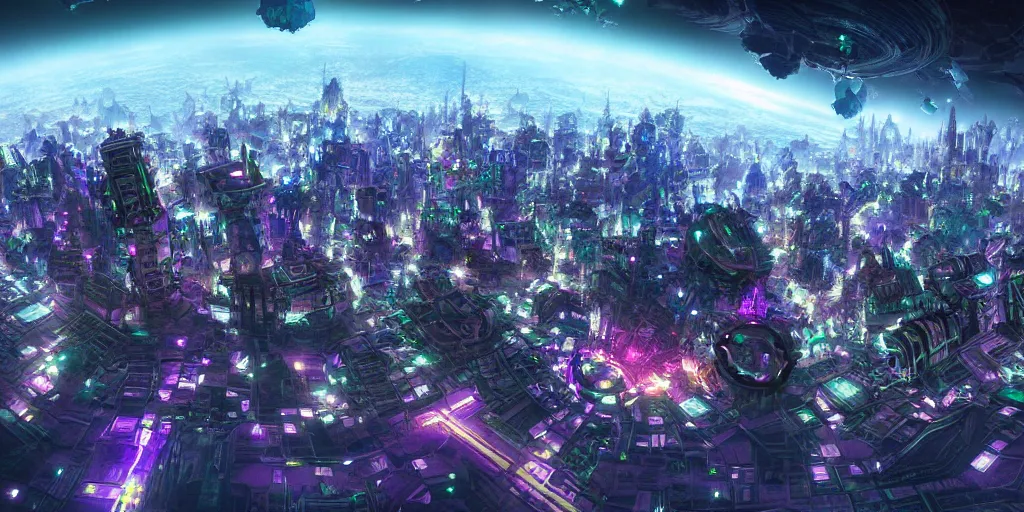 Prompt: futuristic city made of mandelbrot shapes, flying spaceships, traffic, city lights, global illumination, highly detailed, extremely detailed, sharp, sci fi, fantasy painting