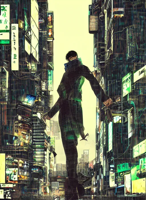 Prompt: manga cover, white man with rectangular glasses and medium length brown hair, bangs, shoulder length, green and black plaid flannel, lanky ahh, intricate cyberpunk city, emotional lighting, character illustration by tatsuki fujimoto