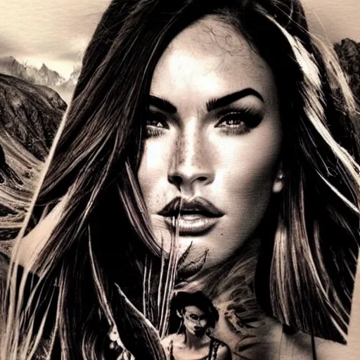 Image similar to tattoo design sketch with double exposure effect, megan fox face blended with beautiful mountain scenery, in the style of matteo pasqualin, amazing detail, mash up