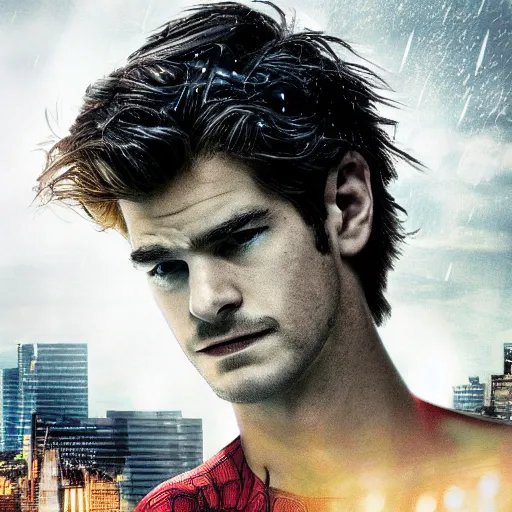 Image similar to photograph of andrew garfield spider - man, cinematic, photorealistic, city, night, rain