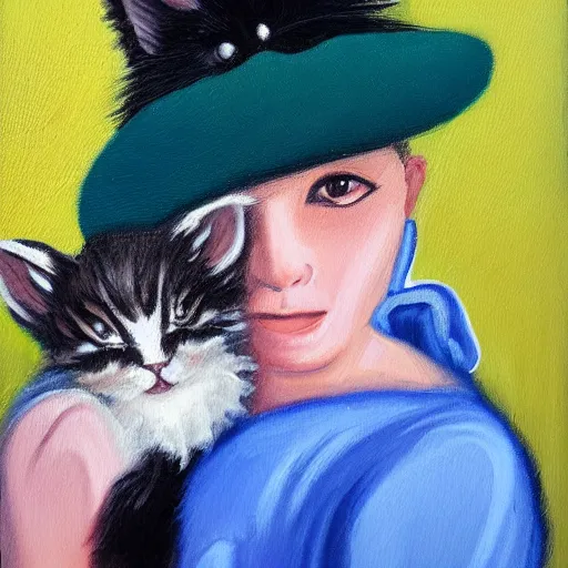 Prompt: oil painting of a woman with a feather in her hat holding a cute fuzzy kitten