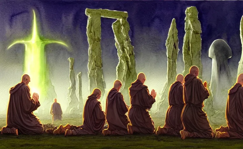 Prompt: a hyperrealist watercolour character concept art portrait of a group of irish monks kneeling down in prayer to a tall elegant lovecraftian alien on a misty night in stone henge. a battlecruiser starship is in the background. by rebecca guay, michael kaluta, charles vess and jean moebius giraud