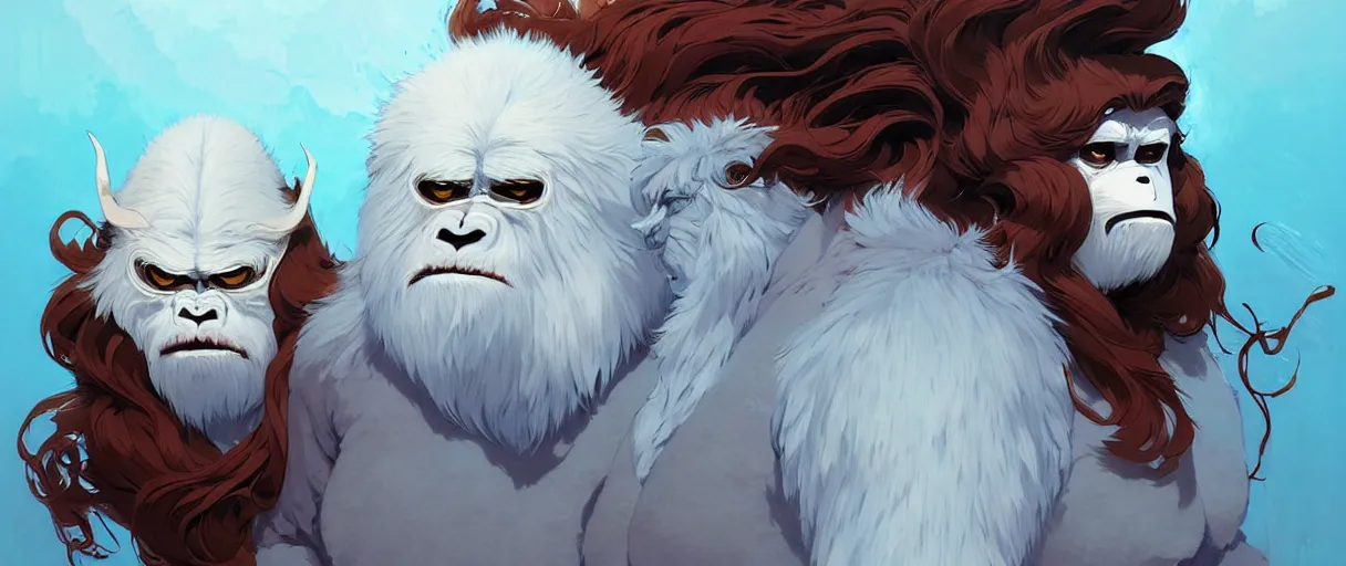 Image similar to beautiful artistic - wave highly detailed portrait of yeti and bigfoot, with kitsune mask, long red hair, by atey ghailan, by greg rutkowski, by greg tocchini, by james gilleard, by joe fenton, by kaethe butcher, dynamic lighting, gradient light blue, brown, blonde cream and white color scheme, grunge aesthetic