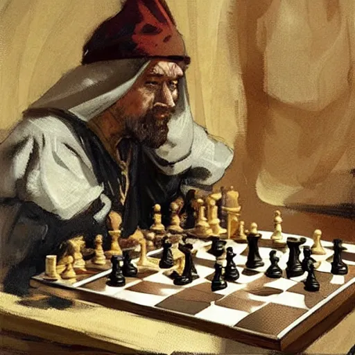 Image similar to portrait of man in medieval clothes playing chess, detailed by greg manchess, craig mullins, bernie fuchs, walter everett