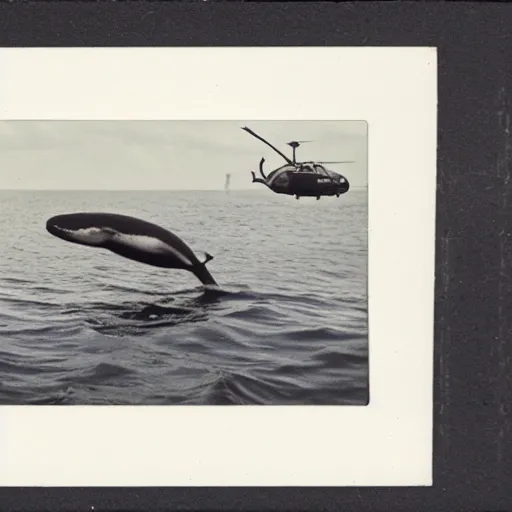 Prompt: a polaroid picture of a whale swimming under the sea, aquatic helicopters flying around the whale