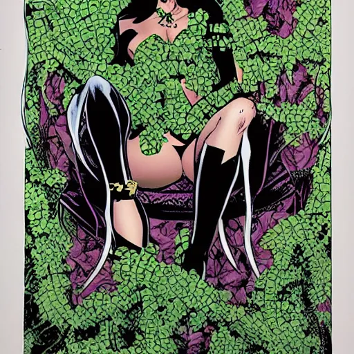 Prompt: dc comics poison ivy character sitting in a throne made of vines and trees art by frank cho, bill sienkiewicz, joe chiodo, bruce timm