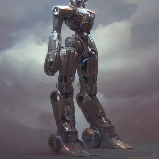 Image similar to ! dream a full length portrait of a giant autonomous polished steel battle mecha, a moody sci - fi painting art by artgerm and greg rutkowski and alphonse mucha, trending on artstation, smooth arstation, detailed, highly detailed matte painting, cinematic