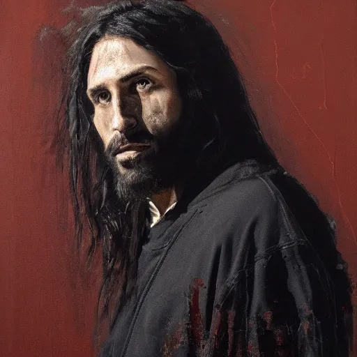 Image similar to a portrait of jesus wearing hypebeast streetwear by nicola samori, oil painting, realistic, 8 k, fear of god style