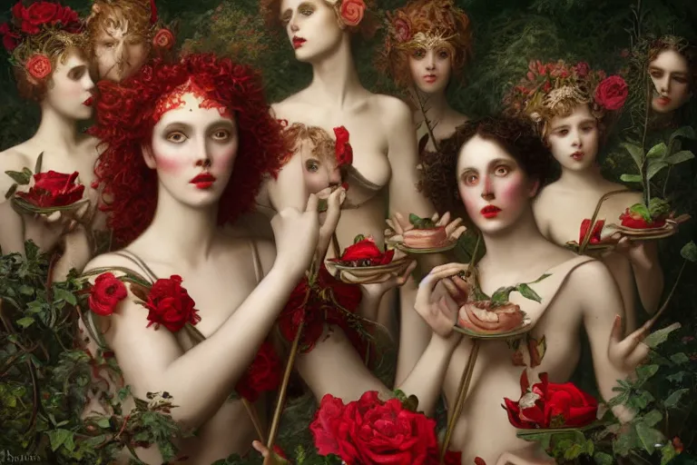 Image similar to the goddess of red solo cups surrounded by a court of nymphs, by tom bagshaw peter kemp, beautiful highly symmetric faces