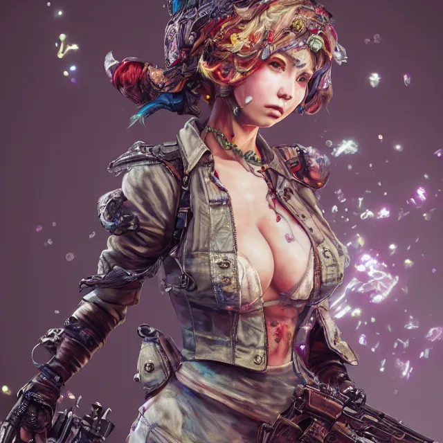 Prompt: the portrait of chaotic neutral colorful female gunner assassin as absurdly beautiful, gorgeous, elegant, playful, young gravure idol, an ultrafine hyperdetailed illustration by kim jung gi, irakli nadar, detailed faces, intricate linework, octopath traveler, final fantasy, unreal engine highly rendered, global illumination, radiant light, detailed and intricate environment