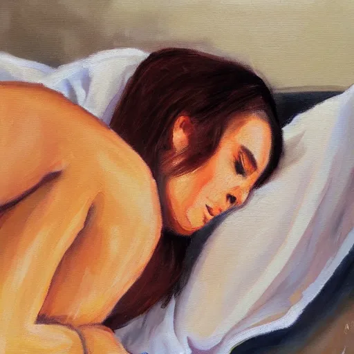 Image similar to lady with brown hair can't sleep because husband in is snoring in bed, expressive oil painting