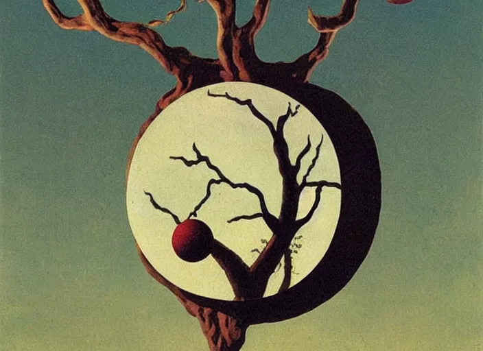 Image similar to non - euclidean pagan ancient god statue on a spherical tree by salvadore dali and rene magritte