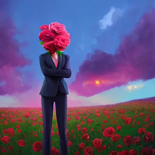 Prompt: closeup, huge rose flower head, frontal, girl in a suit, surreal photography, sunrise, blue sky, dramatic light, impressionist painting, digital painting, artstation, simon stalenhag