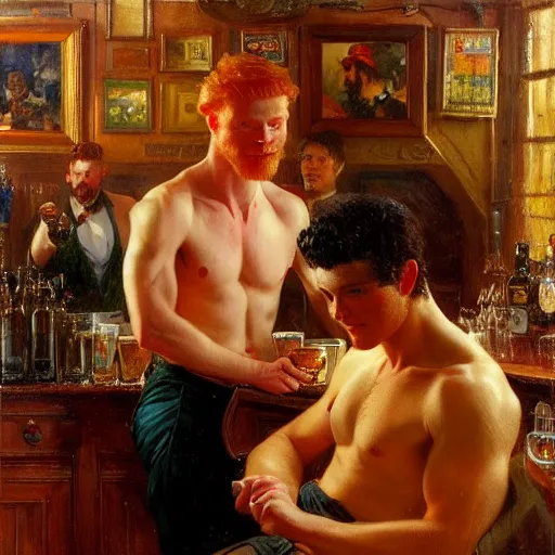 Image similar to handsome mike, wearing pants, with ginger hair with handsome tyler with black hair, drinking their hearts out, in a pub, no shirt. very defined and highly detailed painting by gaston bussiere, j. c. leyendecker, craig mullins 8 k