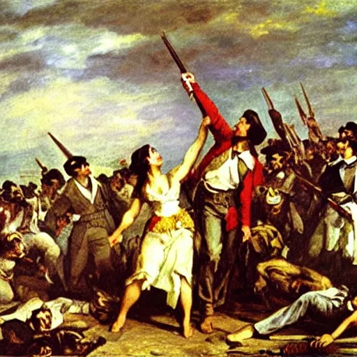 Prompt: liberty leading the people, painting by eugene delacroix