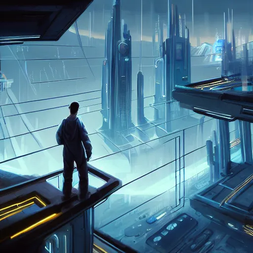 Image similar to an intricate concept art illustration, middle shot, a man in his bed wearing a lab gown with electronic wires, overlooking a futuristic city, concept art, style by dylan cole and tyler edlin art, hyper realistic, sci - fi, cinematic, low - angle shot, unreal engine, epic lighting, artstation