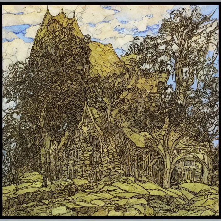 Image similar to a building in a landscape, by rebecca guay