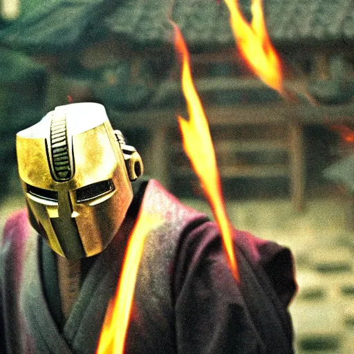 Image similar to cinematic film still MF Doom starring as a Samurai holding fire, Japanese CGI, VFX, 2003, 40mm lens, shallow depth of field,film photography