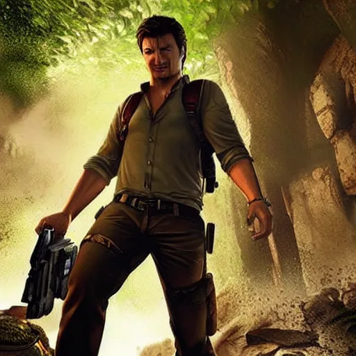 Image similar to nathan fillion as nathan drake from uncharted, cinematic lightning