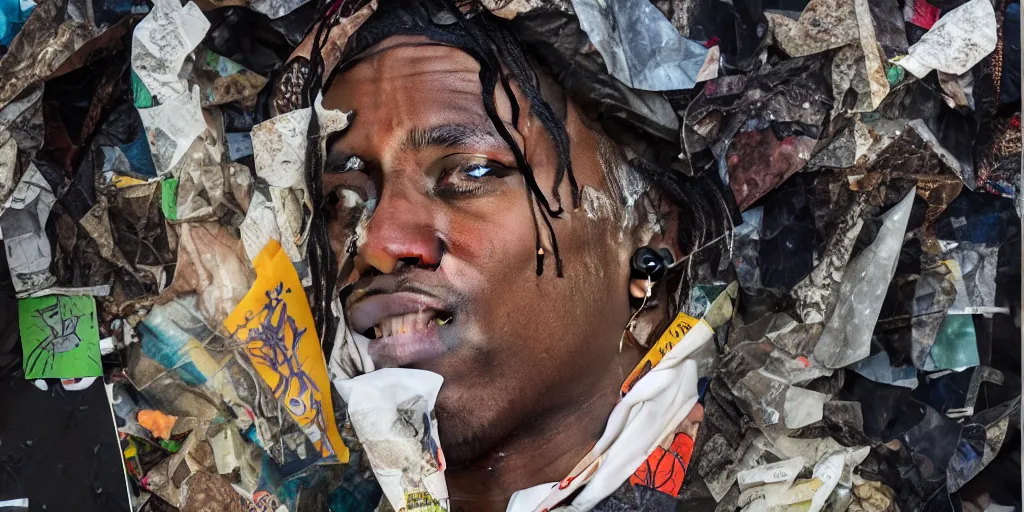 Prompt: rendered in blender travis scott with a trash bag on his head, collage paper and tape, acrylic on canvas, hyperrealism mixed with expressionism, high resolution, cinematic, unreal 6, breathtaking detailed, by blake neubert