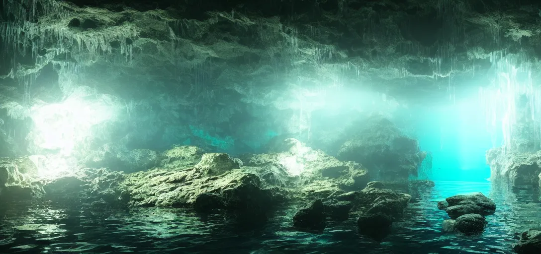 Image similar to beautiful view of an underwater cavern, glowing water with caustics, dark atmosphere, dappled light, reflections, bubbles, refraction, symmetry, cinematic lighting, ultra detailed, sharp, ambient occlusion, bloom, raytracing, by dylan cole, sebastian meyer and jordan grimmer