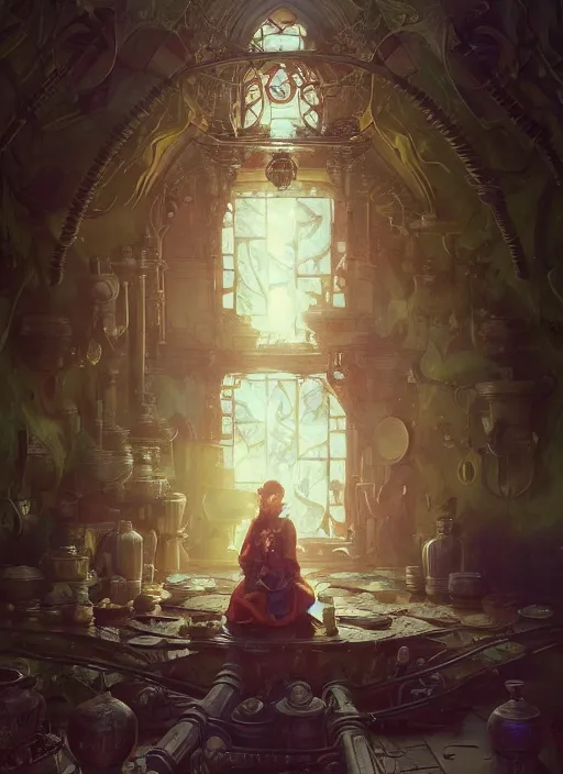 Image similar to highly detailed alchemist by a pill stove, stephen bliss, unreal engine, wuxia art by greg rutkowski, loish, rhads, ferdinand knab, makoto shinkai and lois van baarle, ilya kuvshinov, rossdraws, tom bagshaw, alphonse mucha, global illumination, radiant light, detailed and intricate environment