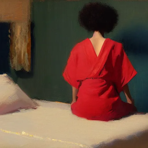 Image similar to girl with afro, in red kimono, backview, sitting on edge of bed, by jeremy lipking, tim rees, joseph todorovitch