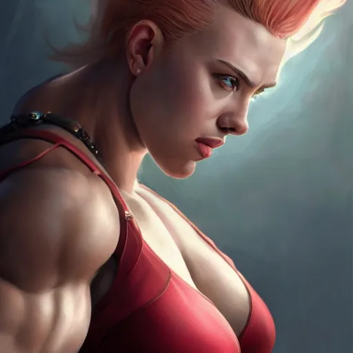 Image similar to detailed portrait of scarlett johansson as a female bodybuilder zarya from overwatch, beautiful, fantasy, intricate, elegant, highly detailed, digital painting, artstation, concept art, matte, sharp focus, illustration, art by aenaluck, artgerm and roberto ferri and greg rutkowski, epic fantasy, digital painting