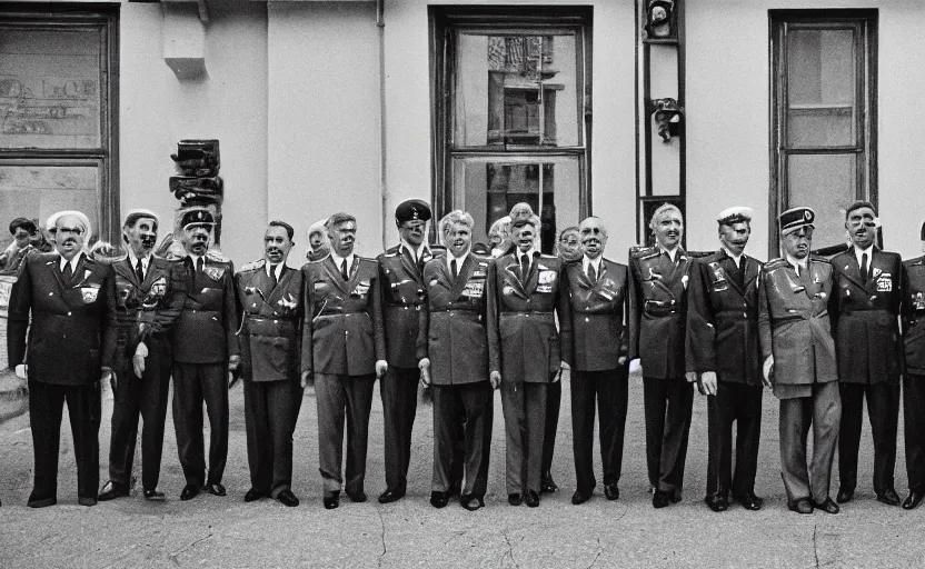 Prompt: 60s movie still full-lenght portrait of Josip Broz Tito with multiple generals in a CCCP street, by Irving Penn , Cinestill 800t 35mm black and white, heavy grainy picture, very detailed, high quality, 4k, HD criterion, dramatic lightning, precise texture