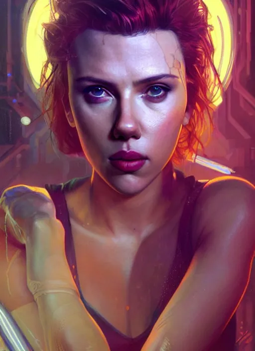 Image similar to portrait of Scarlett Johansson as a ballet dancer character in Cyberpunk 2077, looking at camera, intricate, dystopian, sci-fi, extremely detailed, digital painting, artstation, concept art, smooth, sharp focus, illustration, intimidating lighting, incredible art by artgerm and greg rutkowski and alphonse mucha and simon stalenhag