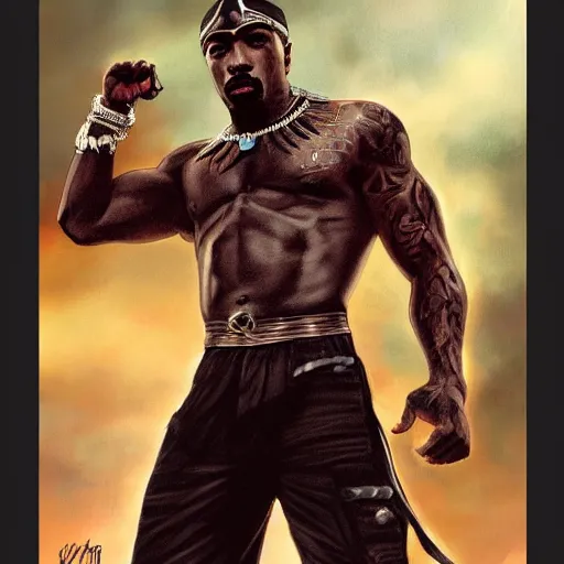 Image similar to 2 pac as black panther, tattoos, full length wide shot. aspect ratio 9 : 1 6. digital painting, extremely detailed, 4 k, intricate, brush strokes, mark arian, artgerm, bastien lecouffe - deharme