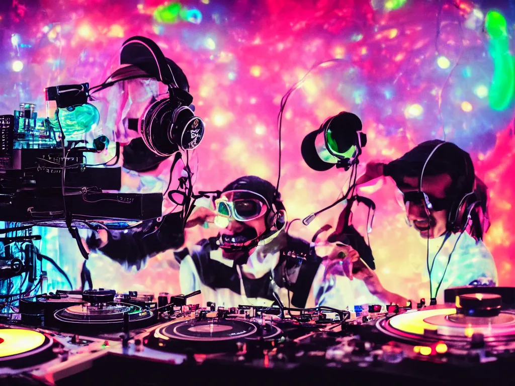 Image similar to a person wearing goggles and visor and headphones using a retro record player contraption, wires and tubes, turntablism dj scratching, intricate planetary gears, cinematic, imax, sharp focus, leds, bokeh, iridescent, black light, fog machine, hazy, lasers, hyper color digital art