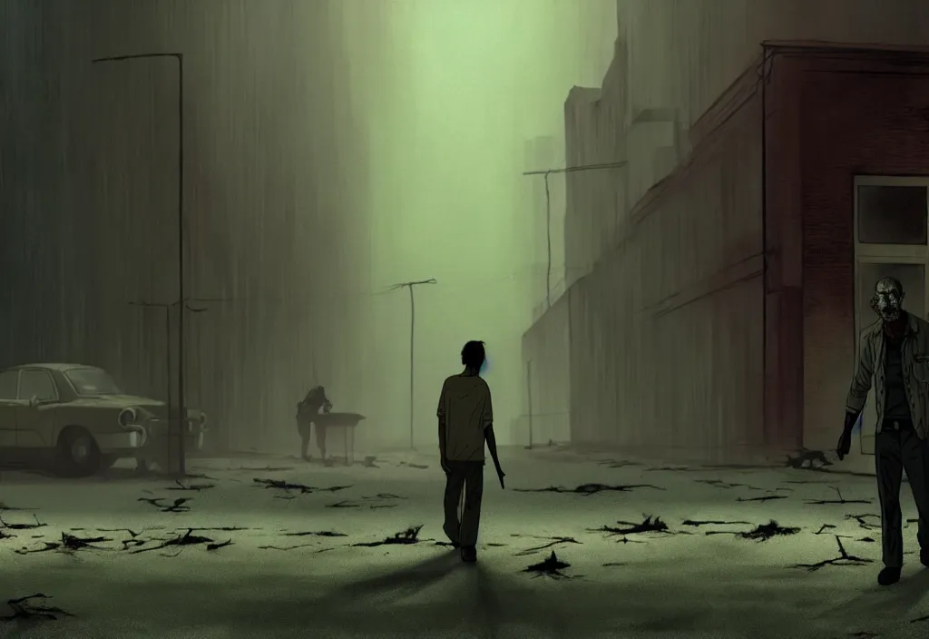 Prompt: cinematic movie still from an animated walking dead movie artwork by tim eitel, bill murray is a zombie in the scene, muted colours, cinematic lighting, abandoned buildings,