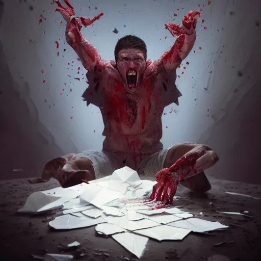 Prompt: hyperrealistic mixed media image of man screaming in terror being folded into origami, broken bones and blood, stunning 3 d render inspired art by greg rutkowski and xiang duan and thomas eakes, perfect symmetry, flesh texture, realistic, highly detailed attributes and atmosphere, dim volumetric cinematic lighting, 8 k octane detailed render, post - processing, masterpiece,