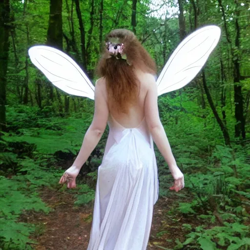 Image similar to a fairy seen from behind, with beautiful wings, in the woods, art nouveau style