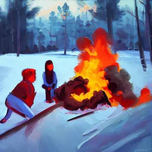 Image similar to a camp with tents on fire, burning down, shadows of 3 girls watching the camp burn, snow, painted by Sylvain Sarrailh