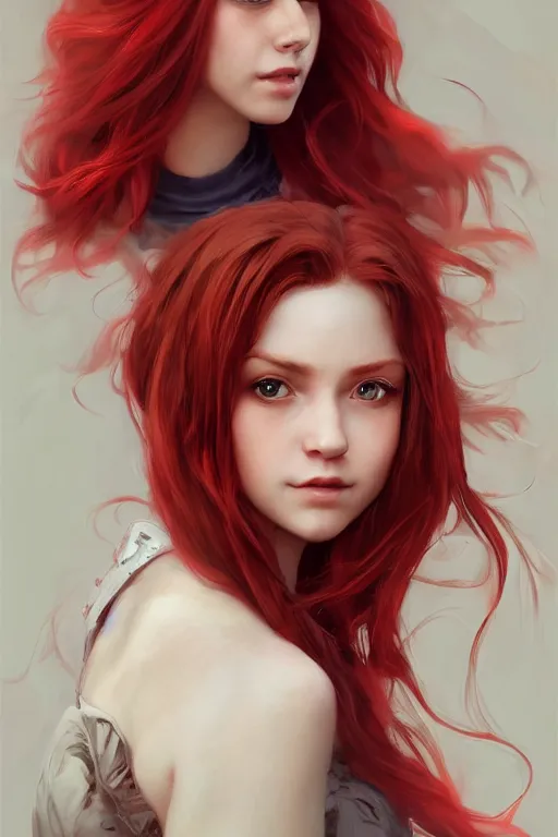 Image similar to beautiful cute red haired joyful and playful 1 9 year old girl, full portrait, long hair, sci - fi, fantasy, intricate, elegant, digital painting, artstation, concept art, smooth, sharp focus, 8 k frostbite 3 engine, ultra detailed, art by artgerm and greg rutkowski and magali villeneuve
