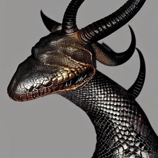 Prompt: extremely realistic portrait of a real life creepy titanium black cubra snake king, fantasy, trending on artstation, heroic pose, looking at the camera, sharp horns, highly detailed, profile picture, 8k