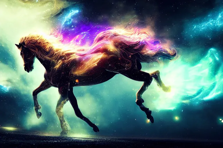 Image similar to a stunning horse made of illuminated stardust particles running through a space nebula by greg rutkowski, high key lighting, volumetric light, digital art, highly detailed, fine detail, intricate, ornate, complex, octane render, unreal engine, photorealistic
