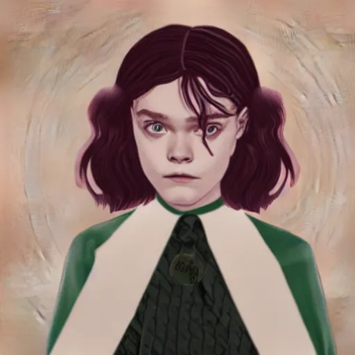 Prompt: elle fanning as a slytherin student in the style of the video stranger things, paprika, white on silver on green