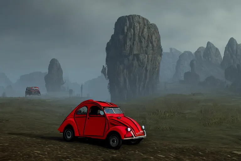 Image similar to red and black citroen 2 cv ( 1 9 6 5 ) driving across the rift, riften city in the background, epic fantasy, the elder scrolls v : skyrim, dramatic lighting, establishing shot, by simon stalenhag