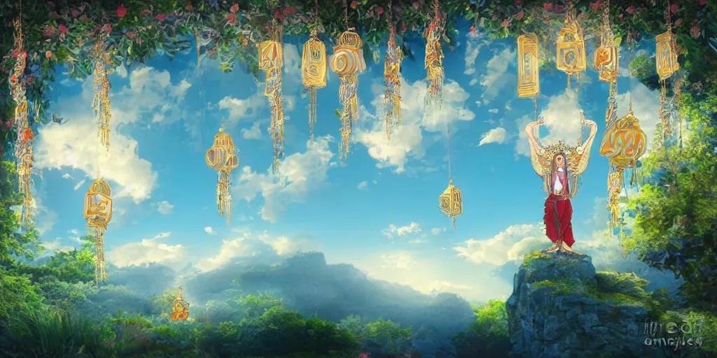 Prompt: wind deity enjoying the view from his stone heavenly palace, decorated with windchimes and paper lanterns, stunning nature and clouds in background, digital art, detailed