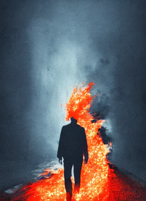 Image similar to City on fire flowing flames lone man walking, Mads Berg, Karolis Strautniekas, James Yang, film noir, stippled light, dramatic lighting,editorial illustration, detailed, matte print, dark blue, dark orange, white, red