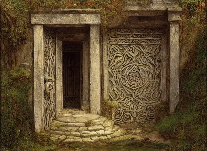 Image similar to labyrinth stone wall with two doors. one is a a carved stone door overgrown with moss. the other is a door made of old wood and rusty metal. by edgar maxence and caravaggio and michael whelan and delacroix style, artistic, intricate painting, cinematic lighting, hyper realistic, extremely detailed, 8 k resolution, establishing shot, dramatic lighting