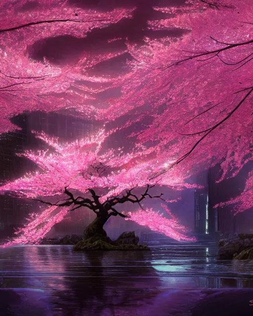 Prompt: one singular matte painting of a wet bioluminescent cherry blossom tree, highly detailed, digital painting, cinematic, hyper realism, dark retrowave, art by stanley lau and artgem and magali villeneuve and alphonse mucha, artstation, octane renderer, cgsociety