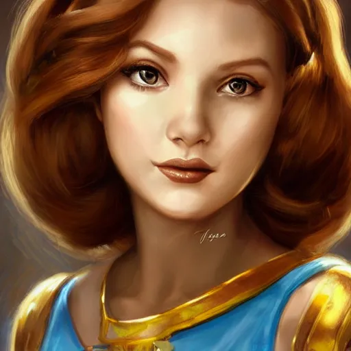 Prompt: beautiful close up, princess daisy from super mario as realistic brunette human character art portrait, matte fantasy painting, deviantart artstation, by jason felix by steve argyle by tyler jacobson by peter mohrbacher, cinema c 9. 0