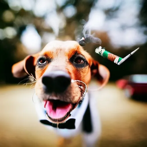 Image similar to a high detail closeup photograph of a dog wearing a suit 👔,and smoking a cigarrette🚬, award wining photograph