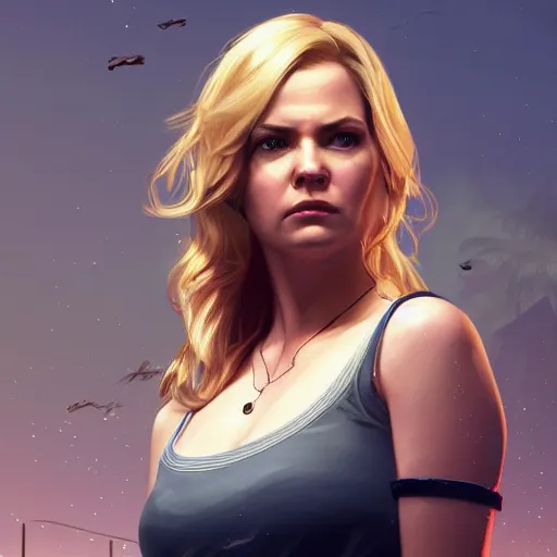 Image similar to Cindy Busby with blonde hair as a CSI detective as a grand theft auto 5 loading screen, close shot, gorgeous, beautiful, intricate, highly detailed, digital painting, artstation, oppressive lighting, concept art, sharp focus, illustration, art by greg rutkowski and alphonse mucha