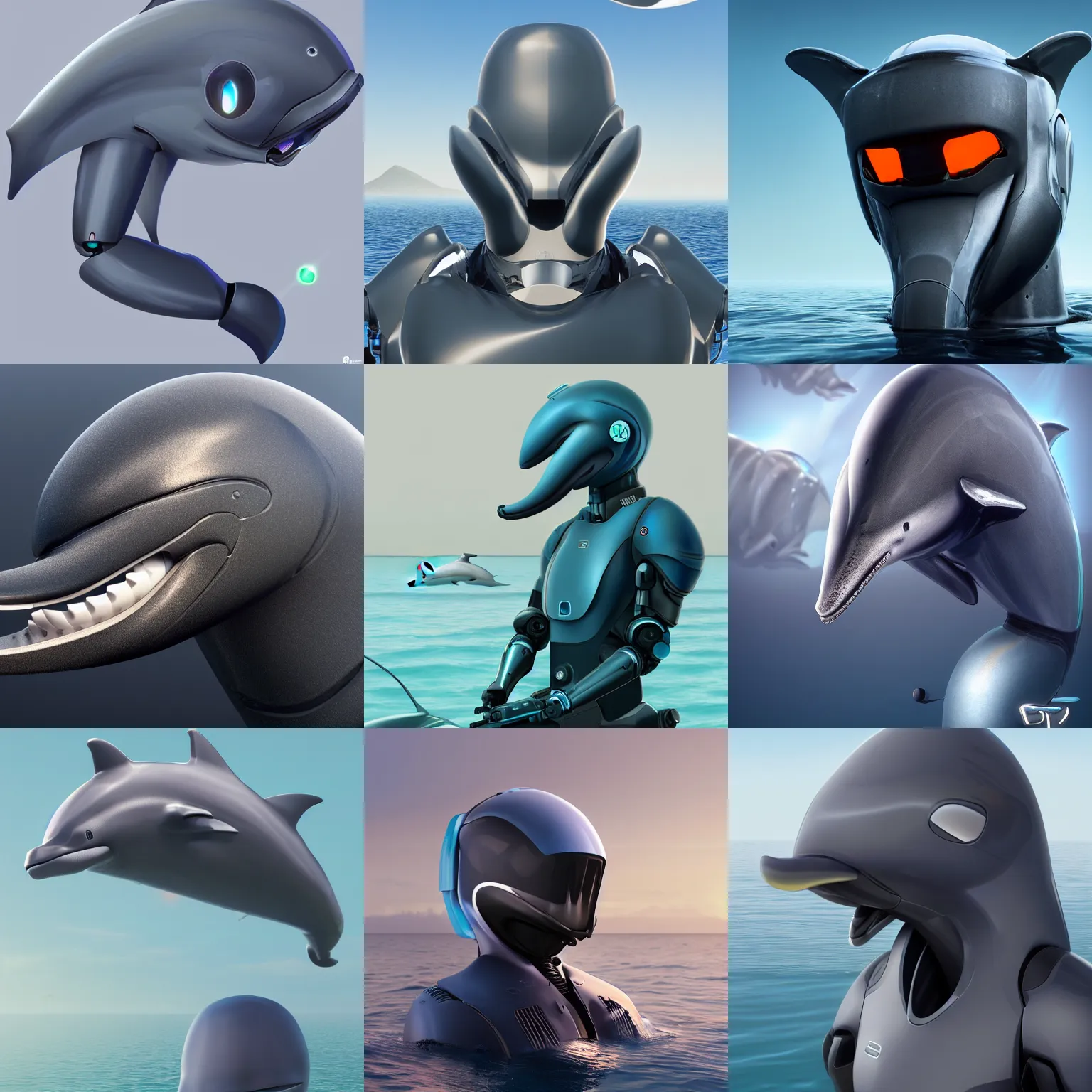 Prompt: robotic anthro dolphin, integrated synthetic cetacean hybrid android, dark opaque visor over top of face, short wide bulbous bottlenose snout extending from under visor, smooth round shapes, male, commission on furaffinity, cgsociety, octane render, sea in background